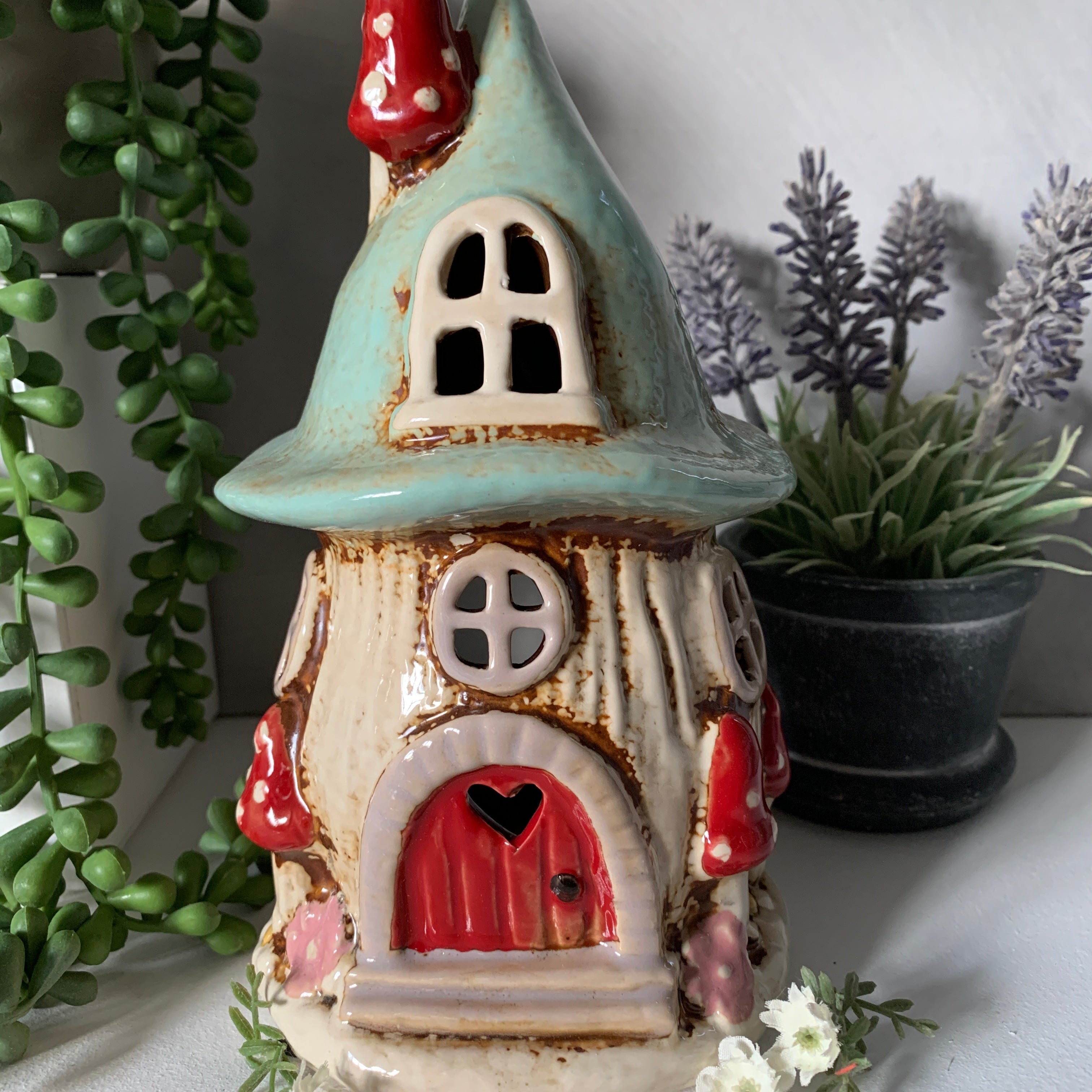 Aqua Mushroom House Tealight Holder