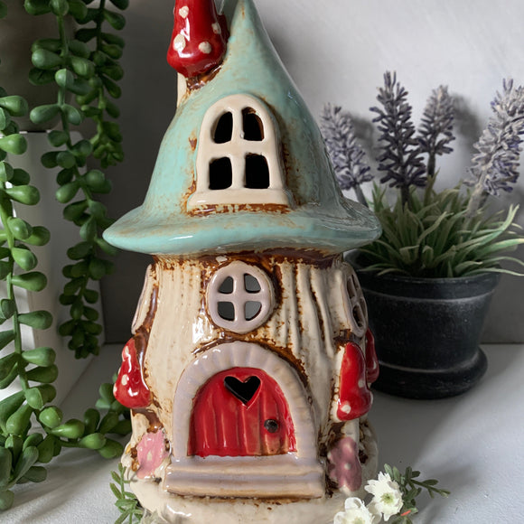 Aqua Mushroom House Tealight Holder