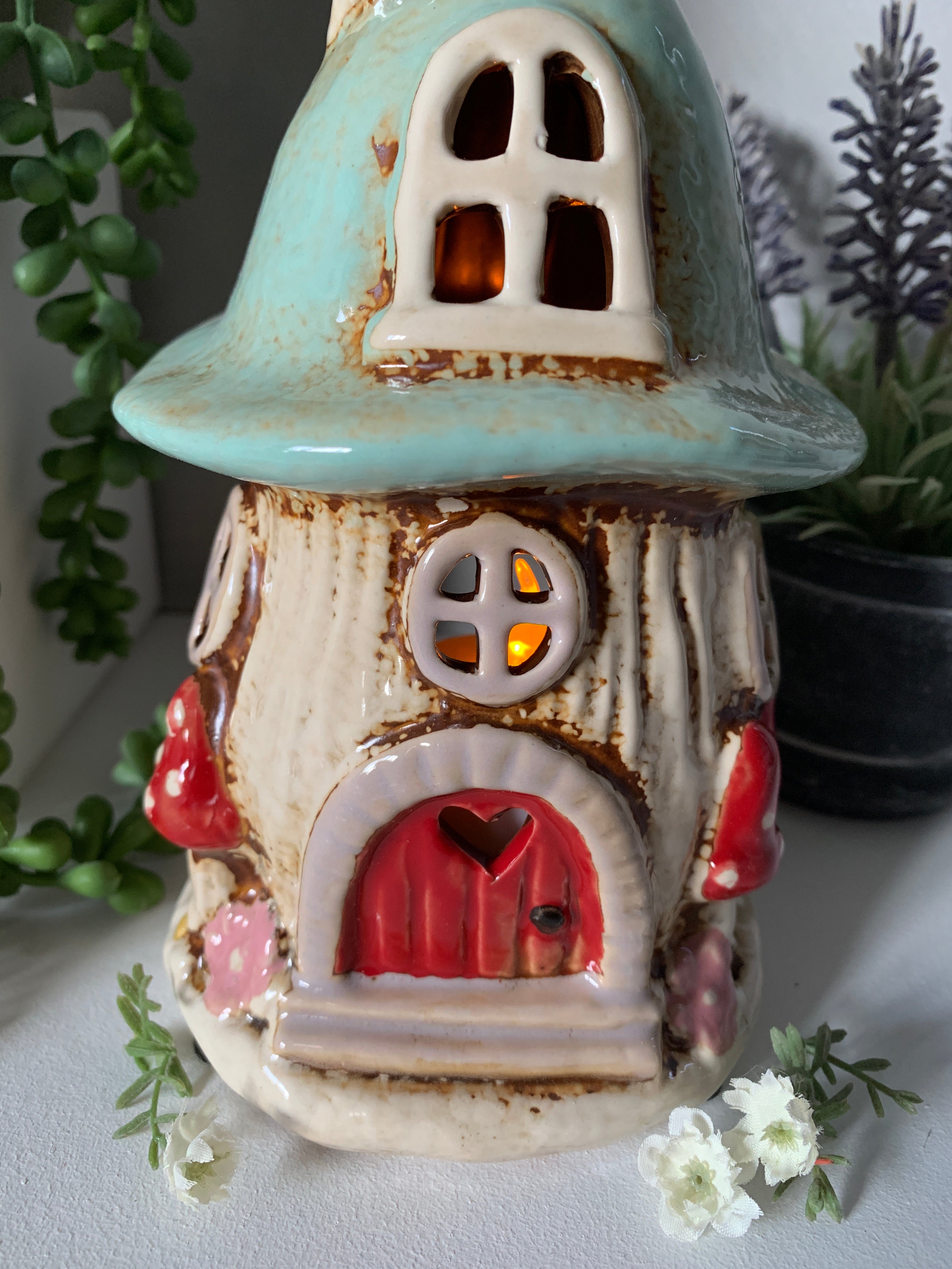Aqua Mushroom House Tealight Holder