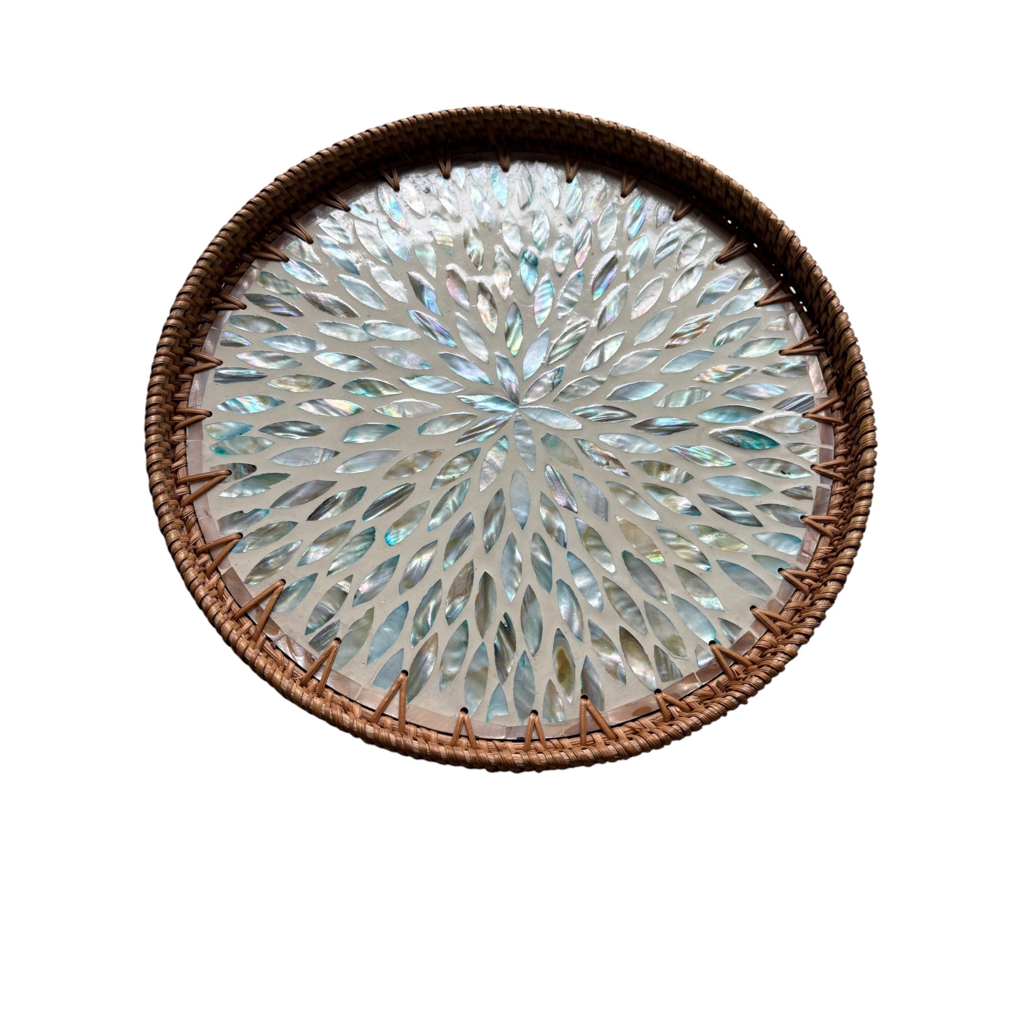Round Pearlescent Aqua Boho Rattan Tray