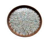 Round Pearlescent Aqua Boho Rattan Tray