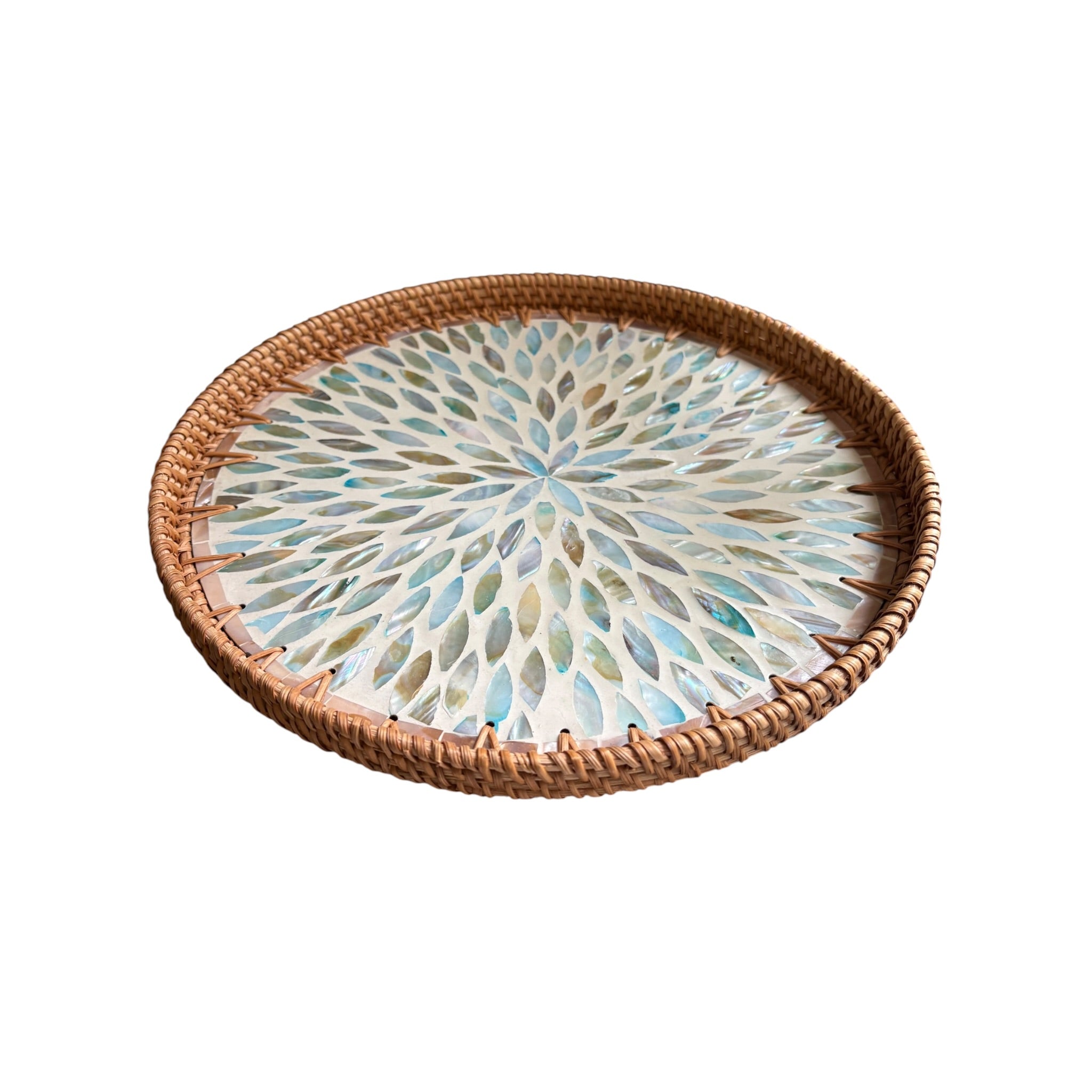 Round Pearlescent Aqua Boho Rattan Tray
