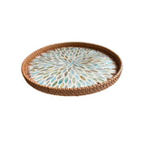 Round Pearlescent Aqua Boho Rattan Tray