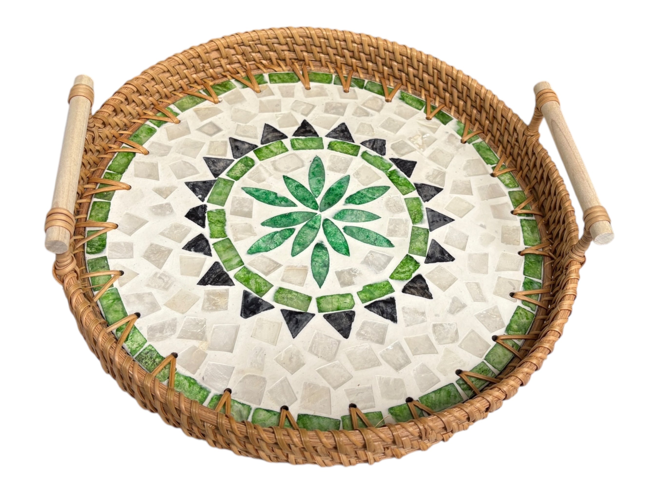 Round Green Boho Rattan Tray