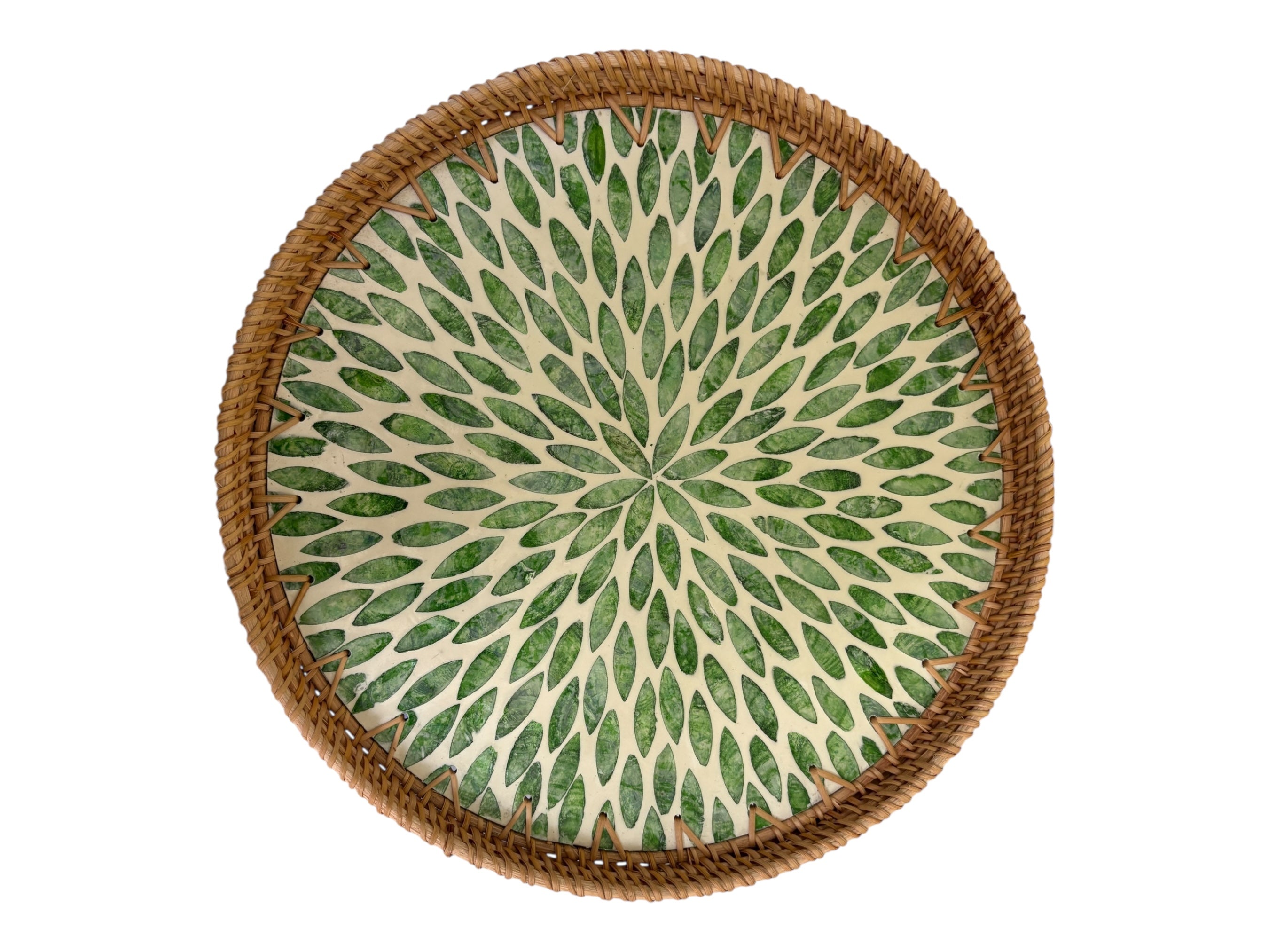 Round Green Boho Rattan Tray