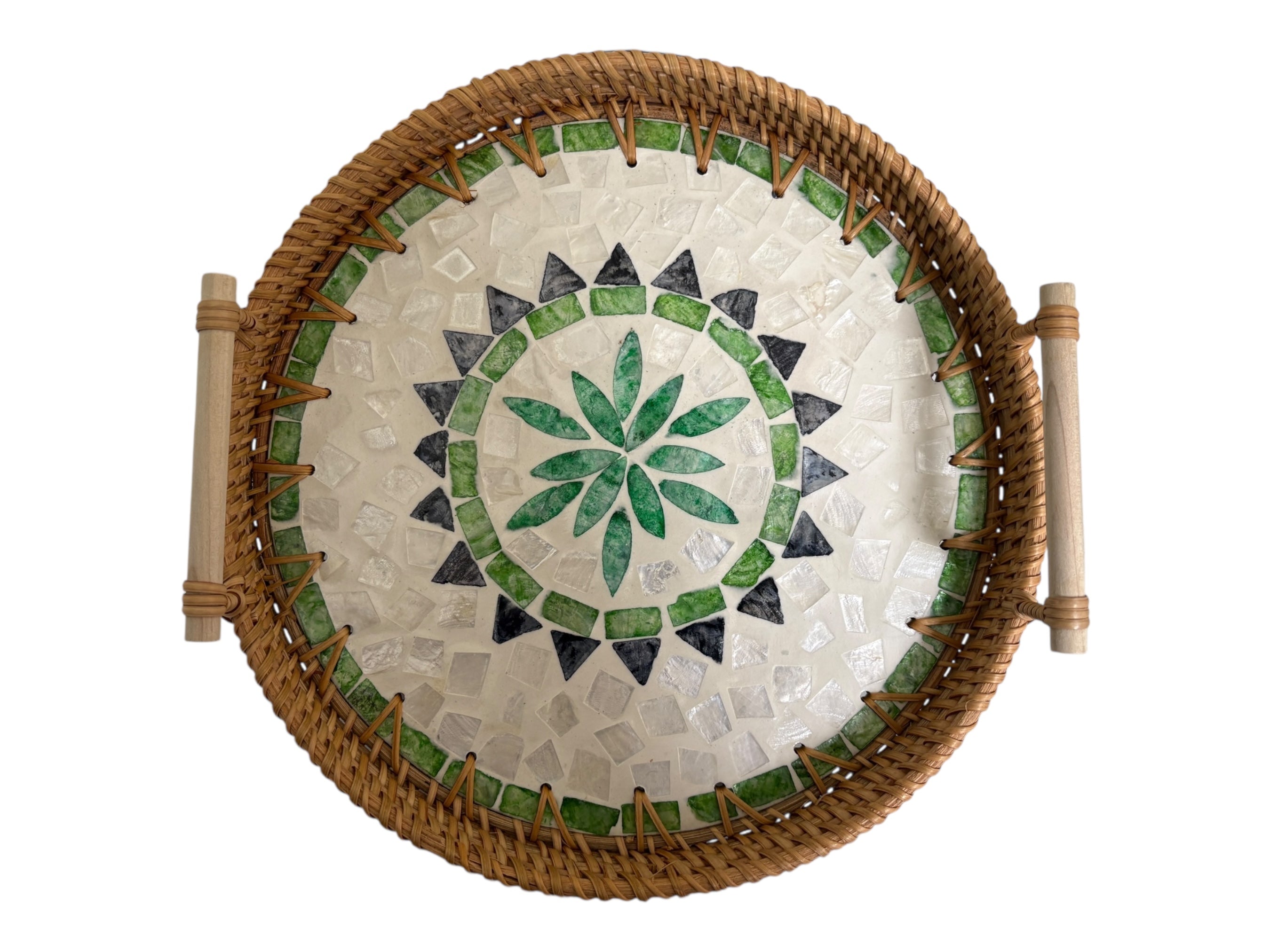 Round Green Boho Rattan Tray