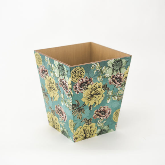 Waste Paper Bin wooden Teal Flowers