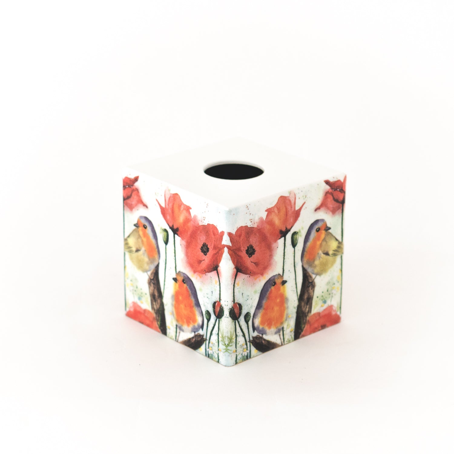 Tissue Box Cover wooden Red Poppy Robin