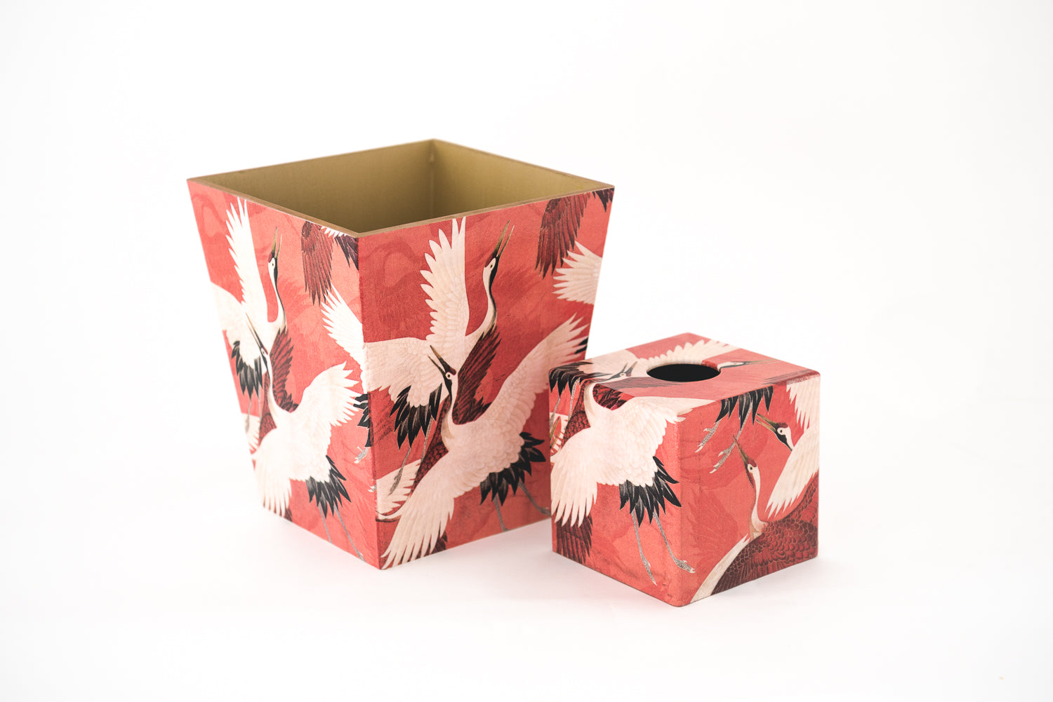 Tissue Box Cover & Waste Paper Bin Red Crane