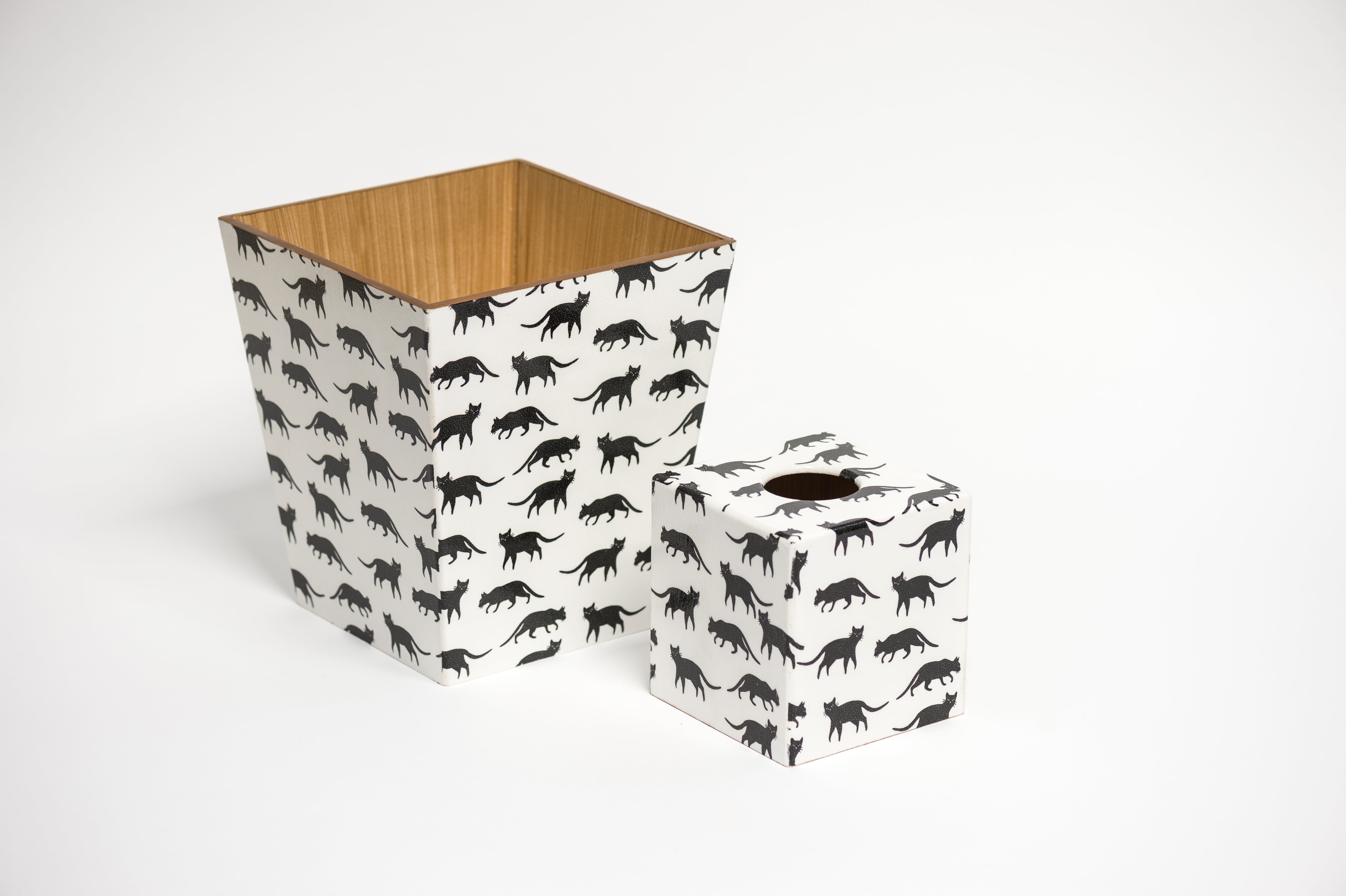 Black Cat Waste paper bin and Tissue Box Cover matching set