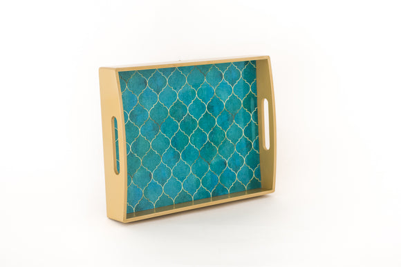 Wooden Serving Tray Turquoise Tile