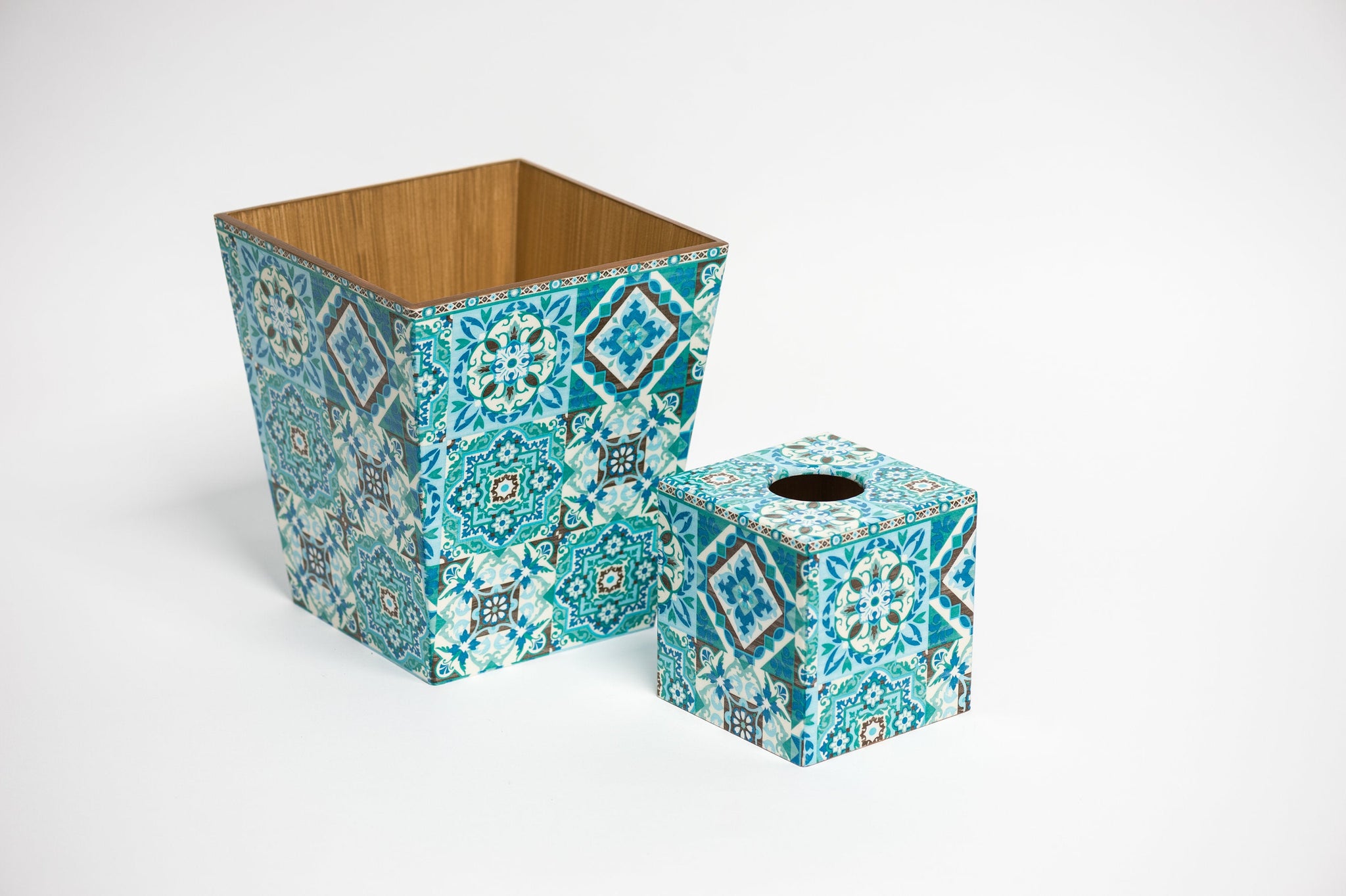 Blue Tiles Waste Paper Bin & Tissue Box Cover Set | Crackpots – Tissue ...
