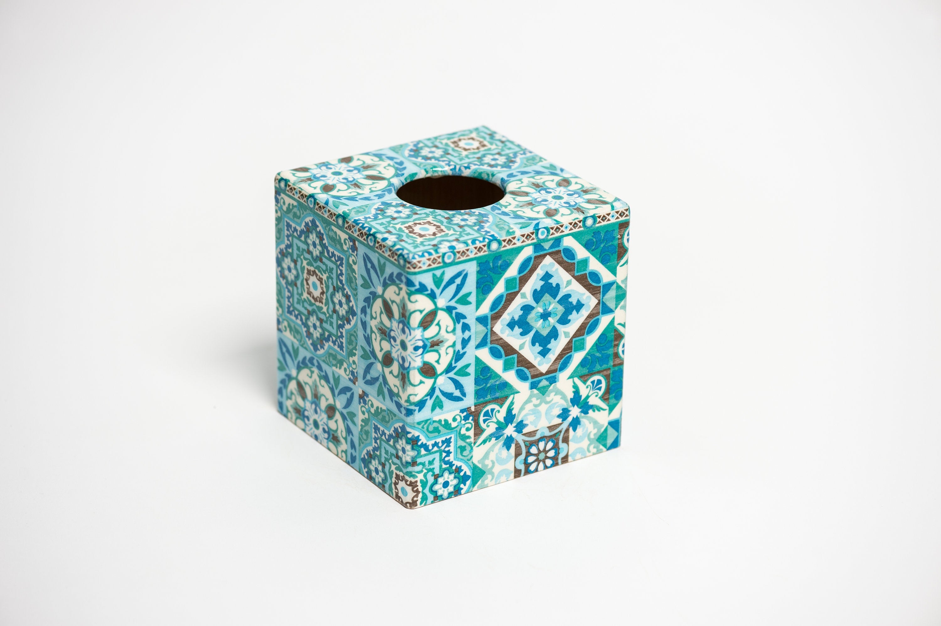 Blue Tiles Waste Paper Bin & Tissue Box Cover Set